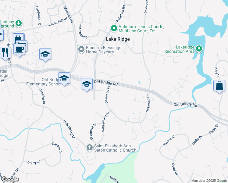 map of restaurants, bars, coffee shops, grocery stores, and more near 2893 Cedar Crest Court in Woodbridge