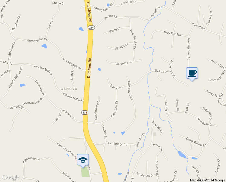 map of restaurants, bars, coffee shops, grocery stores, and more near 7931 Sly Fox Lane in Manassas