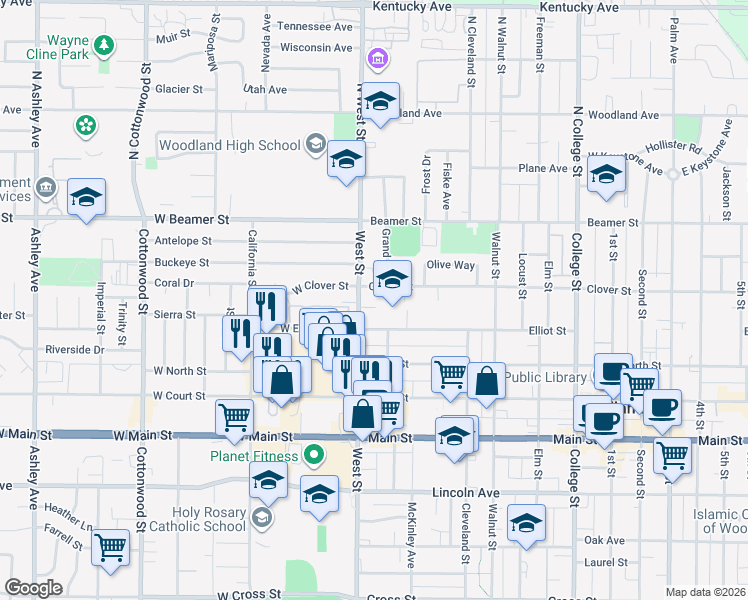 map of restaurants, bars, coffee shops, grocery stores, and more near 11 Central Place in Woodland
