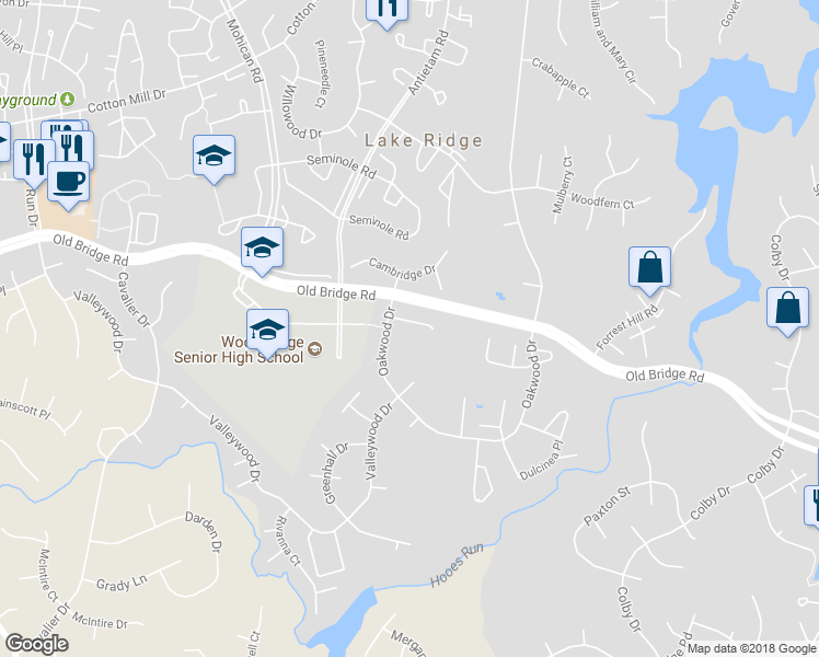 map of restaurants, bars, coffee shops, grocery stores, and more near 2893 Cedar Crest Court in Woodbridge