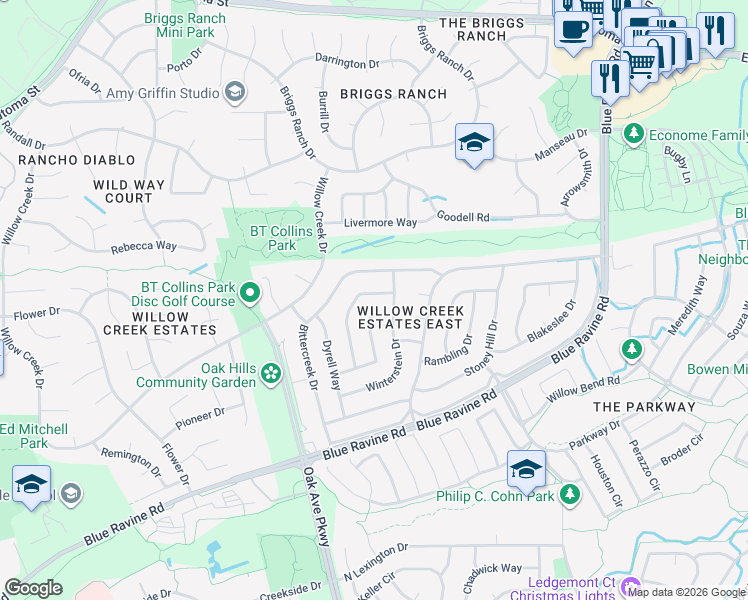 map of restaurants, bars, coffee shops, grocery stores, and more near 135 Rhoades Way in Folsom