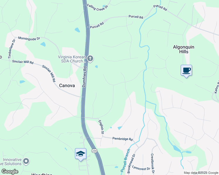 map of restaurants, bars, coffee shops, grocery stores, and more near 7931 Sly Fox Lane in Manassas