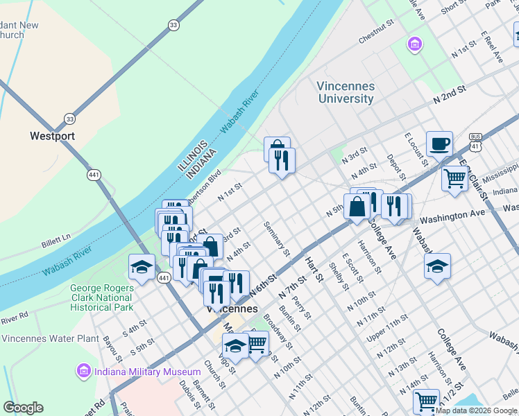 map of restaurants, bars, coffee shops, grocery stores, and more near 509 N 3rd St in Vincennes