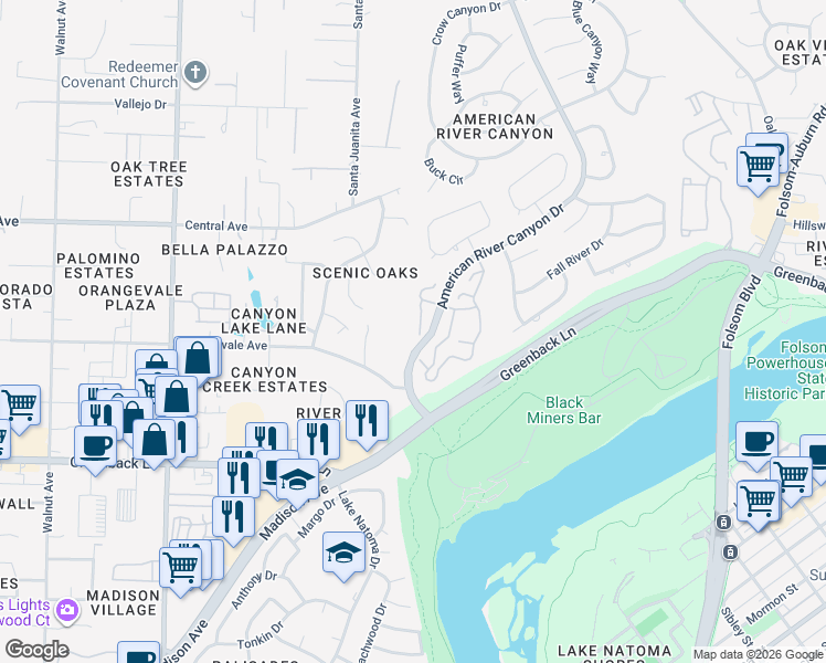 map of restaurants, bars, coffee shops, grocery stores, and more near 128 Wild River Lane in Folsom