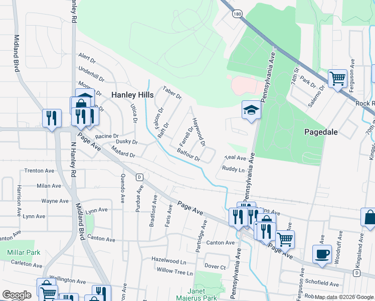 map of restaurants, bars, coffee shops, grocery stores, and more near 7508 Balfour Drive in St. Louis