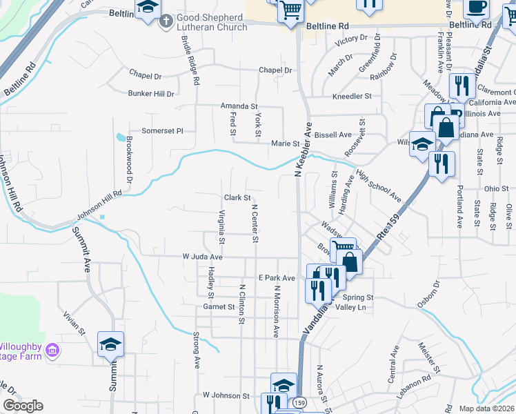 map of restaurants, bars, coffee shops, grocery stores, and more near 1100 North Center Street in Collinsville