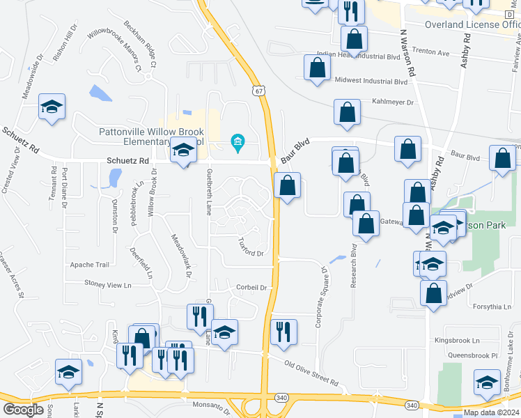 map of restaurants, bars, coffee shops, grocery stores, and more near 10322 Oxford Hill Drive in St. Louis