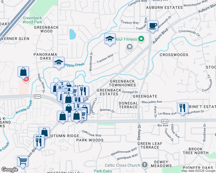 map of restaurants, bars, coffee shops, grocery stores, and more near 6442 Auburn Boulevard in Citrus Heights