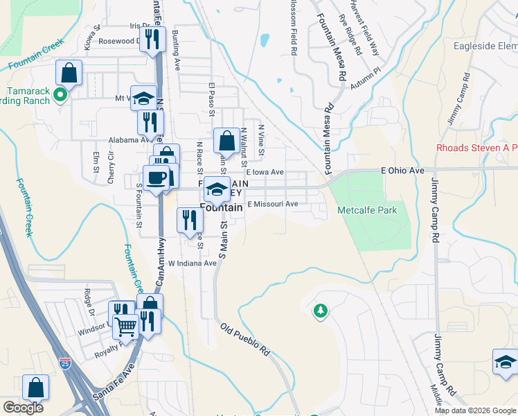 map of restaurants, bars, coffee shops, grocery stores, and more near 218 East Missouri Avenue in Fountain