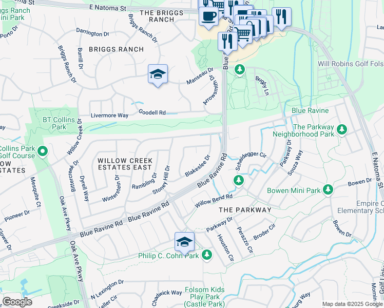 map of restaurants, bars, coffee shops, grocery stores, and more near 105 Chapman Court in Folsom