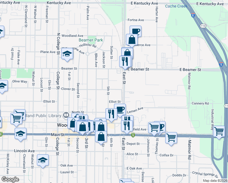 map of restaurants, bars, coffee shops, grocery stores, and more near 1018 Clover Street in Woodland