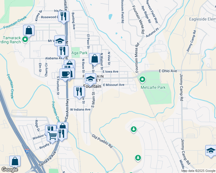 map of restaurants, bars, coffee shops, grocery stores, and more near 218 East Missouri Avenue in Fountain