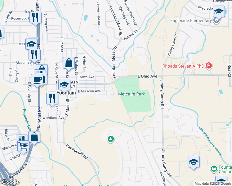 map of restaurants, bars, coffee shops, grocery stores, and more near 524 East Missouri Avenue in Fountain