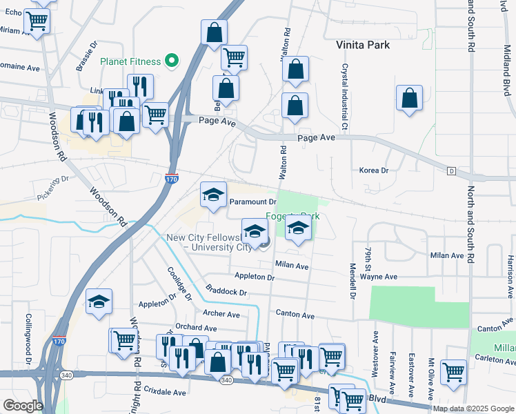 map of restaurants, bars, coffee shops, grocery stores, and more near 8227 Montreal Drive in St. Louis