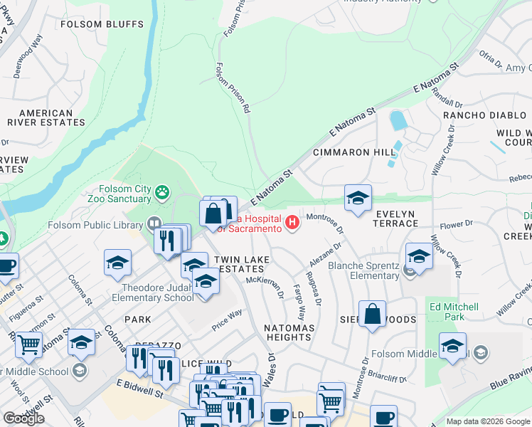 map of restaurants, bars, coffee shops, grocery stores, and more near 337 Montrose Drive in Folsom