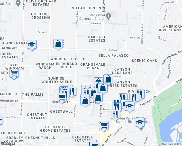 map of restaurants, bars, coffee shops, grocery stores, and more near 9337 Orangevale Avenue in Orangevale