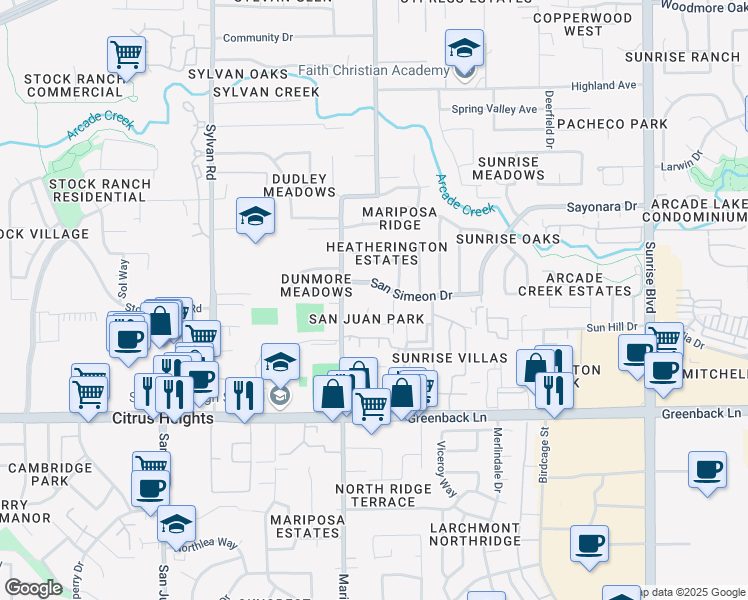 map of restaurants, bars, coffee shops, grocery stores, and more near 6345 San Benito Way in Citrus Heights