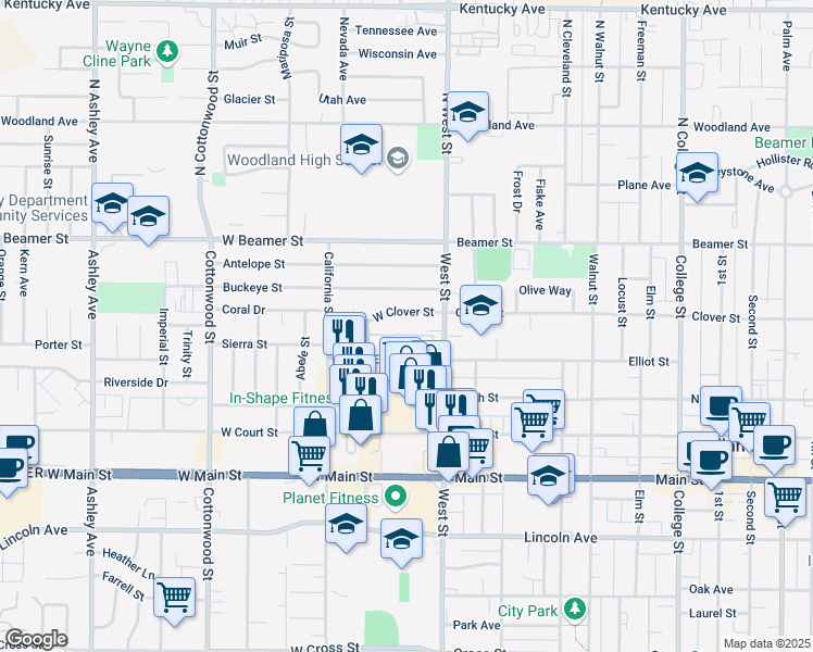 map of restaurants, bars, coffee shops, grocery stores, and more near 18 West Elliot Street in Woodland
