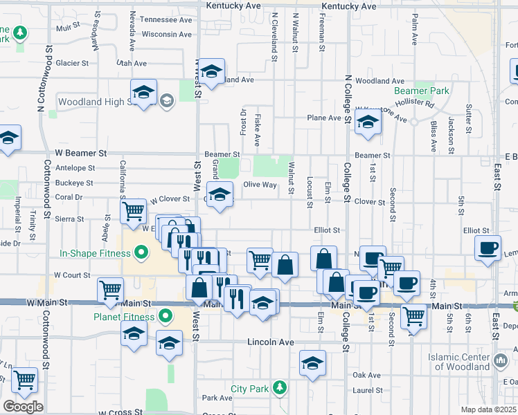 map of restaurants, bars, coffee shops, grocery stores, and more near 150 Clover Street in Woodland