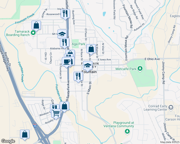 map of restaurants, bars, coffee shops, grocery stores, and more near 211 South Main Street in Fountain