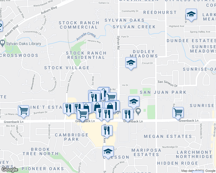 map of restaurants, bars, coffee shops, grocery stores, and more near 7395 Stock Ranch Road in Citrus Heights
