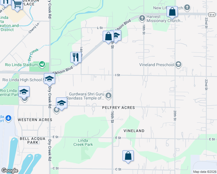 map of restaurants, bars, coffee shops, grocery stores, and more near 6305 16th Street in Rio Linda