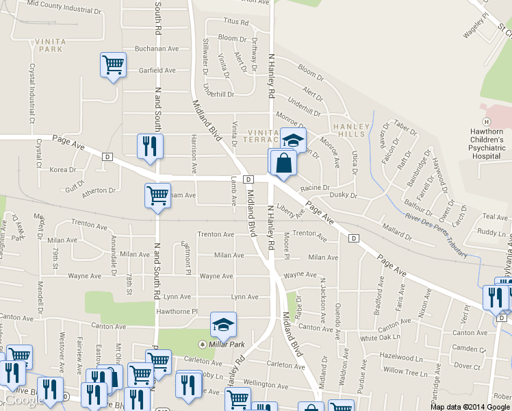 map of restaurants, bars, coffee shops, grocery stores, and more near 7418 Liberty Ave in St Louis