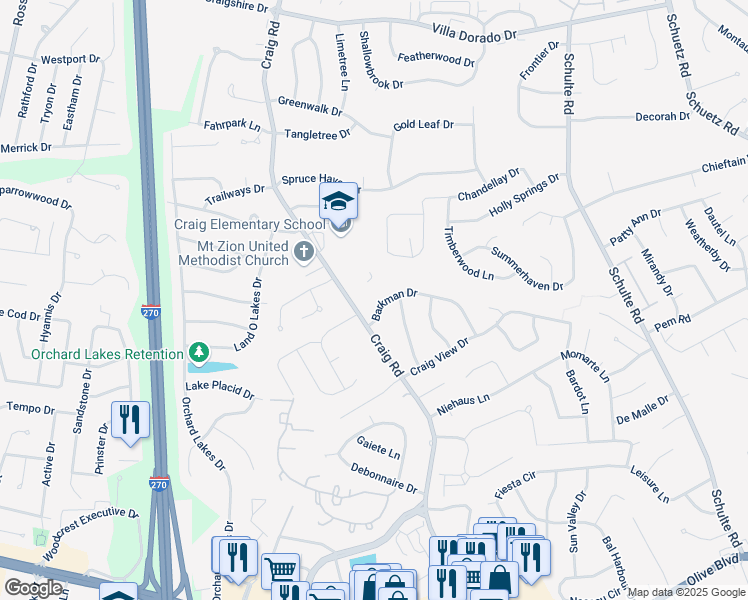 map of restaurants, bars, coffee shops, grocery stores, and more near 1414 Craig Road in St. Louis