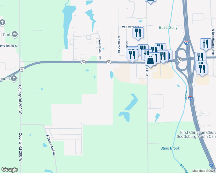 map of restaurants, bars, coffee shops, grocery stores, and more near 752 South Mansfield Drive in Scottsburg