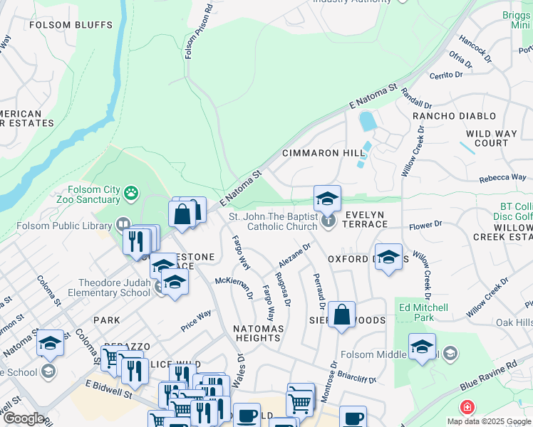 map of restaurants, bars, coffee shops, grocery stores, and more near 327 Montrose Drive in Folsom