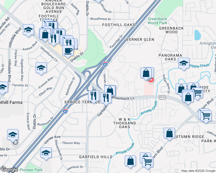 map of restaurants, bars, coffee shops, grocery stores, and more near 6400 Verner Avenue in Sacramento