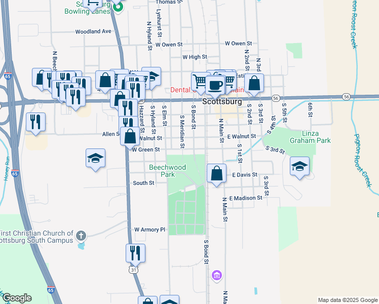 map of restaurants, bars, coffee shops, grocery stores, and more near 448 South Bond Street in Scottsburg