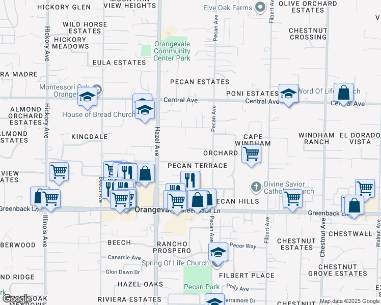 map of restaurants, bars, coffee shops, grocery stores, and more near 8975 Calvert Avenue in Orangevale