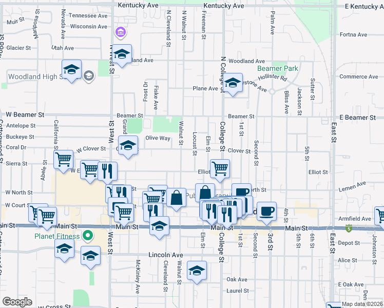 map of restaurants, bars, coffee shops, grocery stores, and more near 118 Locust Street in Woodland