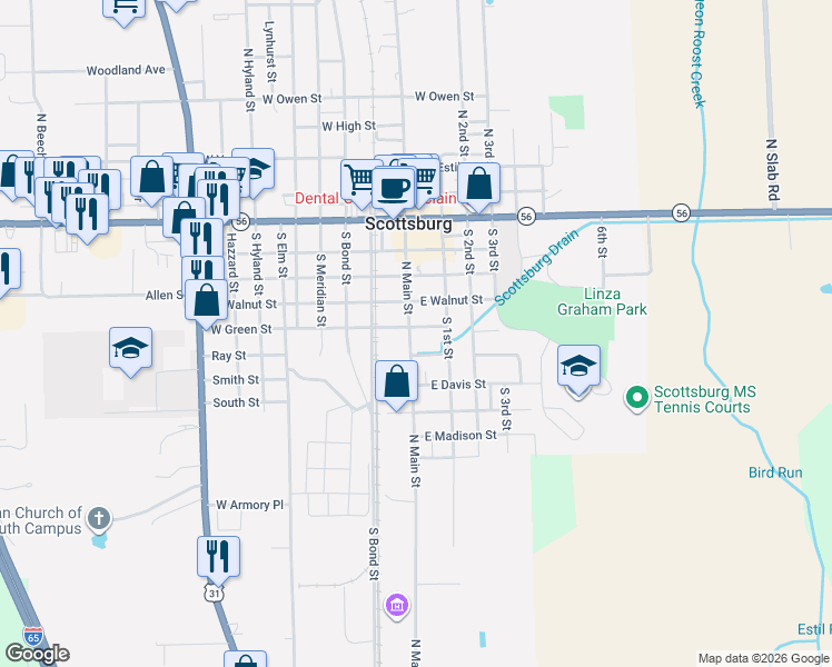 map of restaurants, bars, coffee shops, grocery stores, and more near 465 South Main Street in Scottsburg