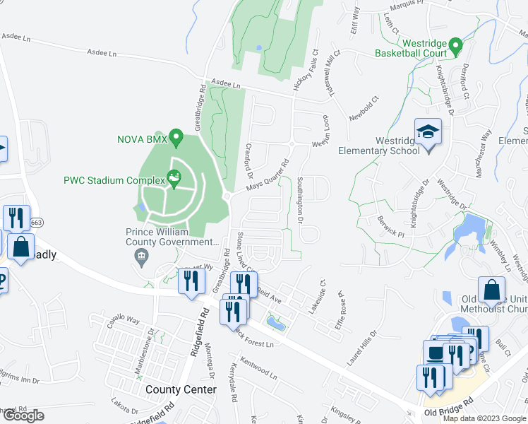 map of restaurants, bars, coffee shops, grocery stores, and more near 12494 Pfitzner Court in Woodbridge
