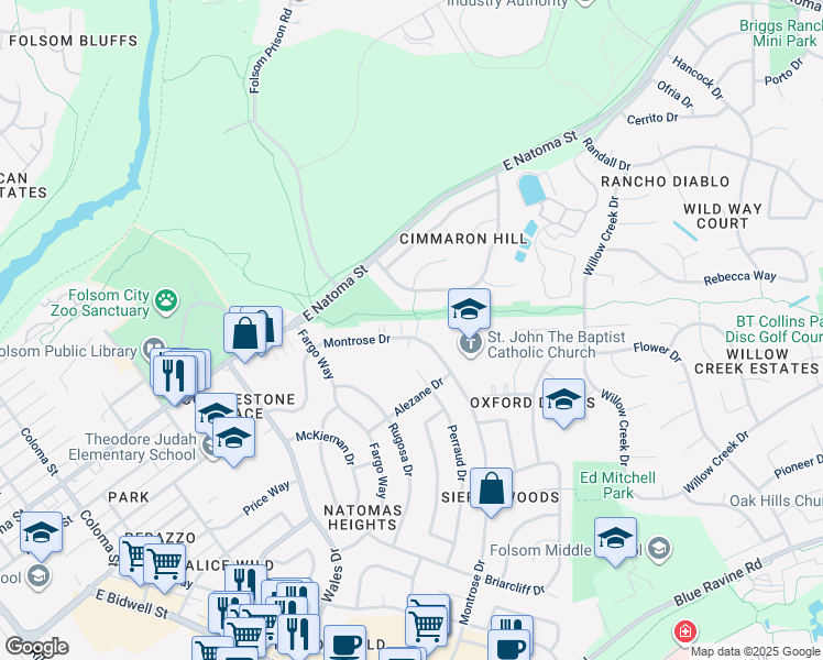 map of restaurants, bars, coffee shops, grocery stores, and more near 317 Montrose Drive in Folsom