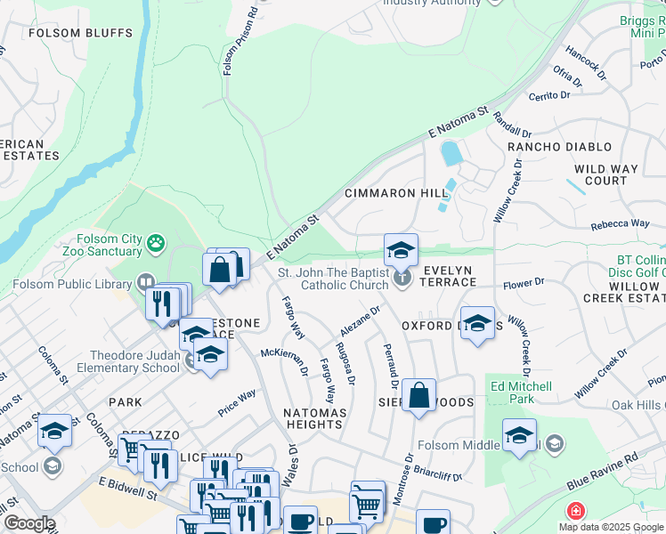 map of restaurants, bars, coffee shops, grocery stores, and more near 327 Montrose Drive in Folsom
