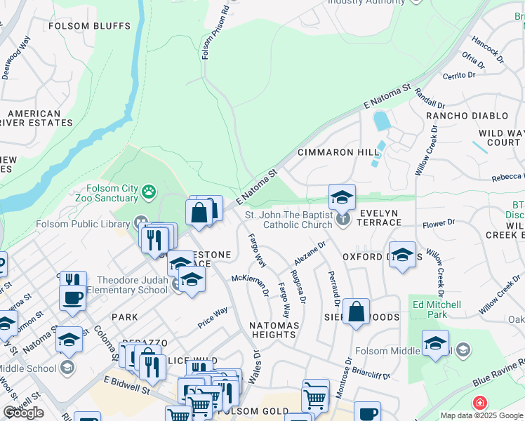 map of restaurants, bars, coffee shops, grocery stores, and more near 337 Montrose Drive in Folsom