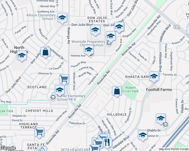 map of restaurants, bars, coffee shops, grocery stores, and more near 6340 Longdale Drive in North Highlands