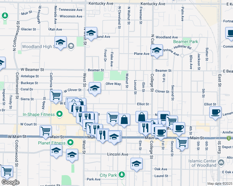 map of restaurants, bars, coffee shops, grocery stores, and more near 208 Clover Street in Woodland