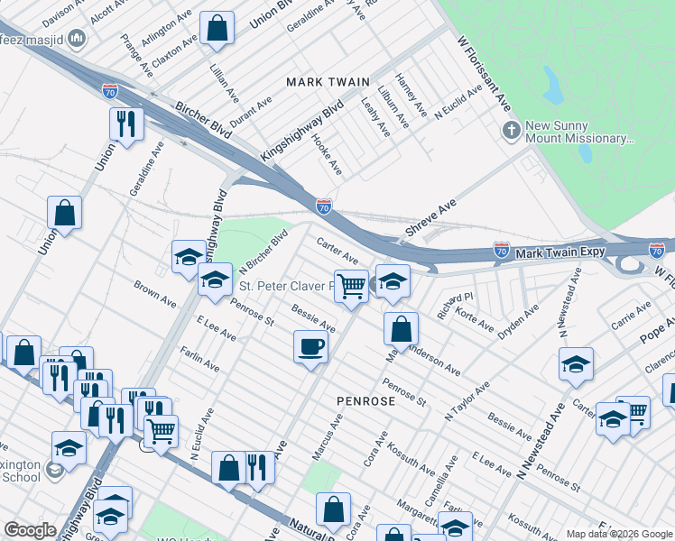 map of restaurants, bars, coffee shops, grocery stores, and more near 4840 Calvin Avenue in St. Louis