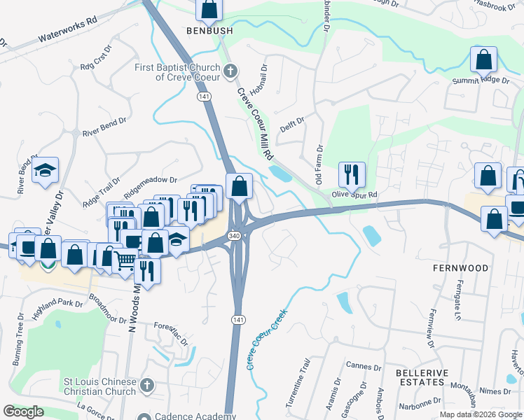 map of restaurants, bars, coffee shops, grocery stores, and more near 1255 Creve Coeur Crossing Lane in Chesterfield