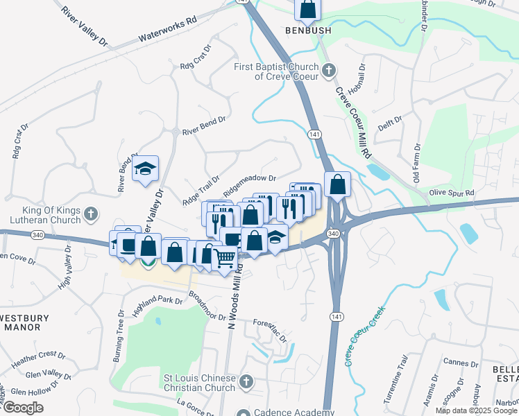 map of restaurants, bars, coffee shops, grocery stores, and more near 1155 North Woods Mill Road in Chesterfield