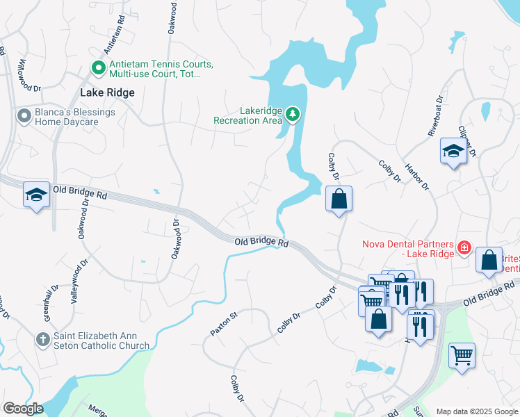 map of restaurants, bars, coffee shops, grocery stores, and more near 12511 Queensbury Court in Woodbridge