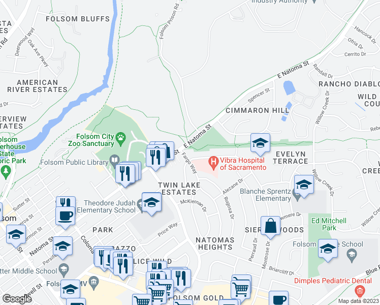 map of restaurants, bars, coffee shops, grocery stores, and more near 101 East Natoma Street in Folsom