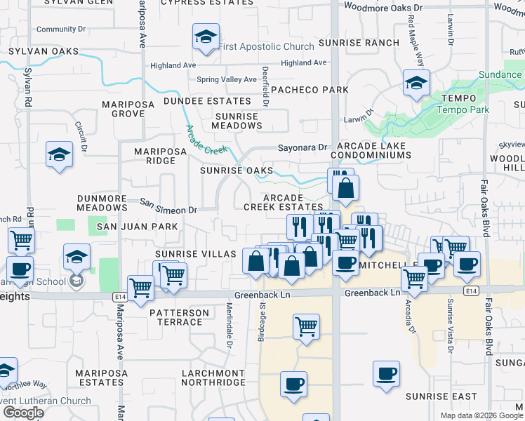 map of restaurants, bars, coffee shops, grocery stores, and more near 6371 Nightingale Court in Citrus Heights