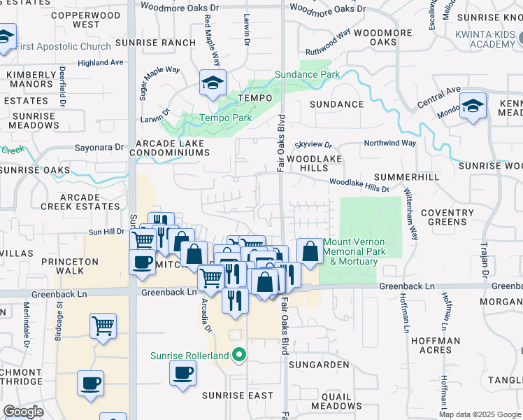 map of restaurants, bars, coffee shops, grocery stores, and more near 12633 Fair Oaks Boulevard in Citrus Heights