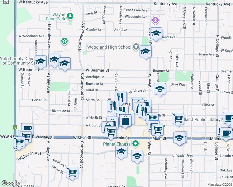 map of restaurants, bars, coffee shops, grocery stores, and more near 98 West Clover Street in Woodland