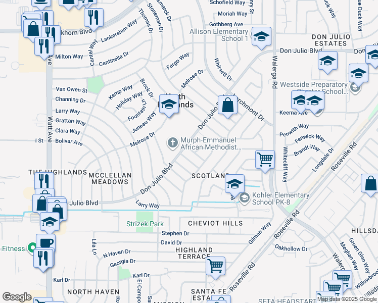 map of restaurants, bars, coffee shops, grocery stores, and more near 6229 Scotia Way in North Highlands